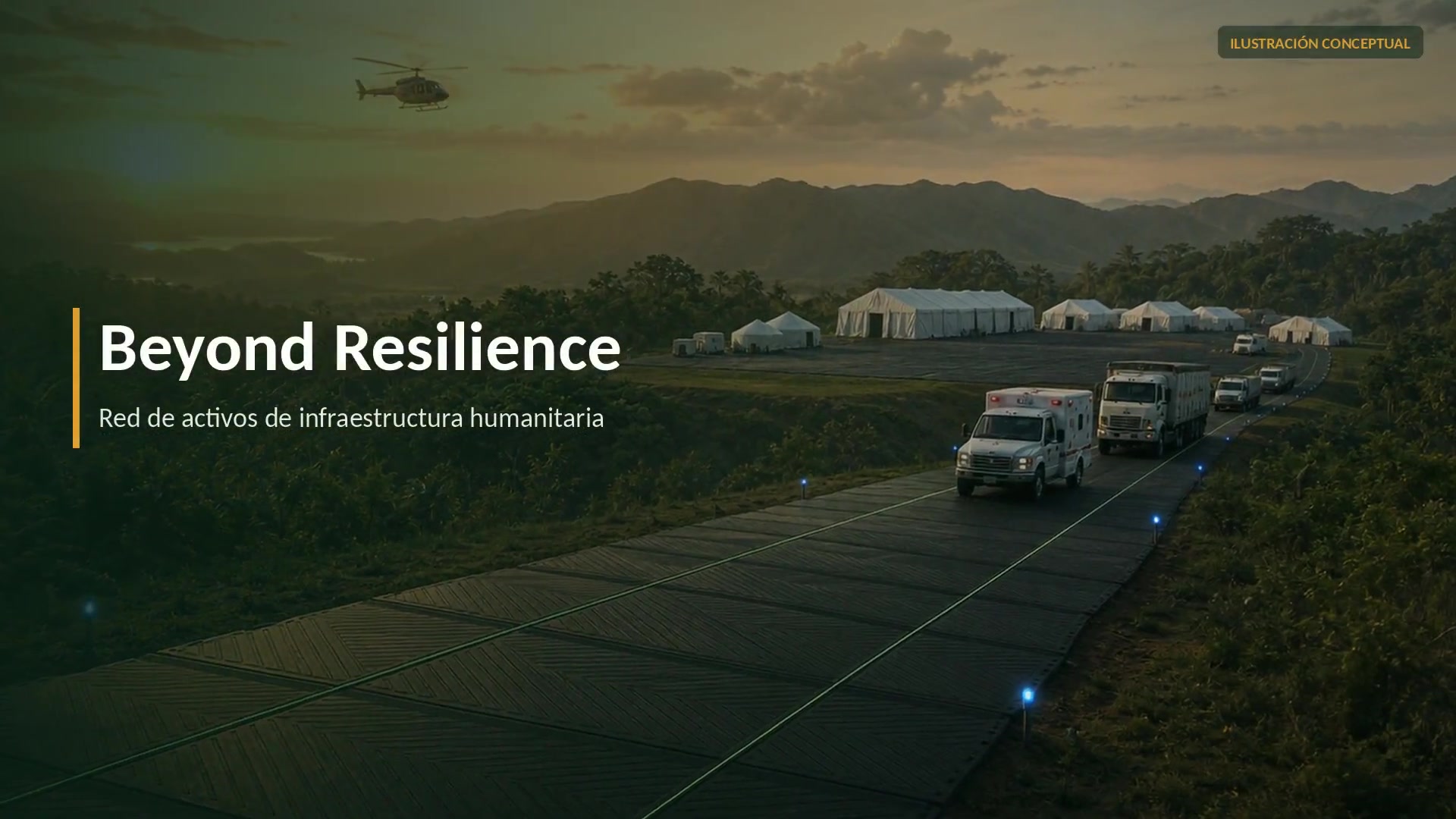 Convoy humanitario circulando sobre una infraestructura de acceso modular hacia un campamento aislado