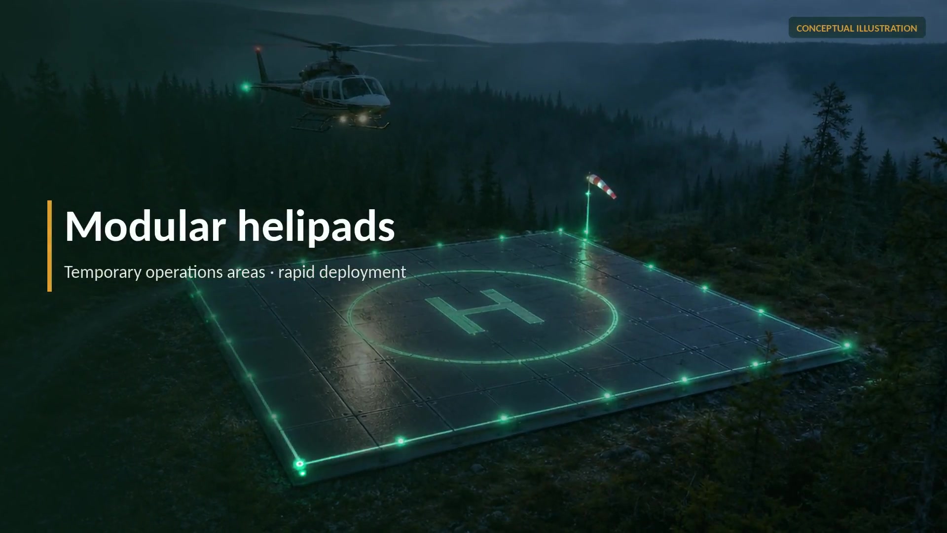 Illuminated modular helipad on a remote site, with an operations area and water management